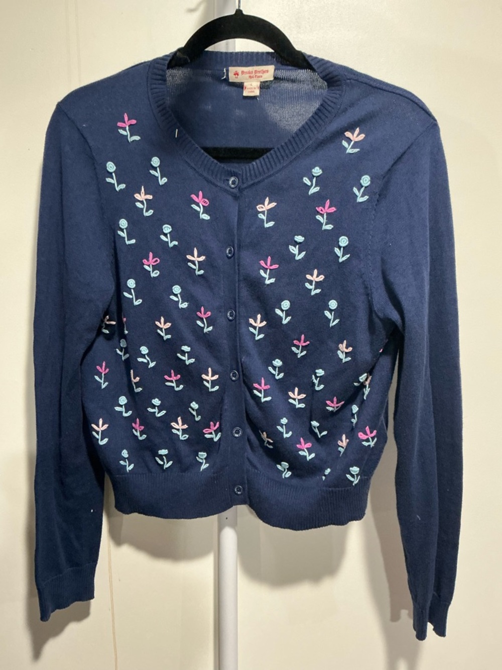 Brooks Brothers Navy Cardigan with Pink & Light Blue Floral Accents